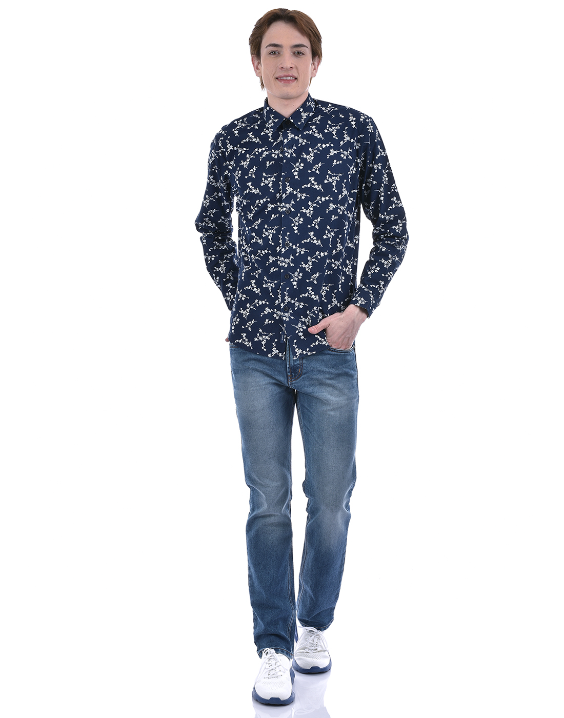 Numero Uno Men Floral Print Navy Shirt